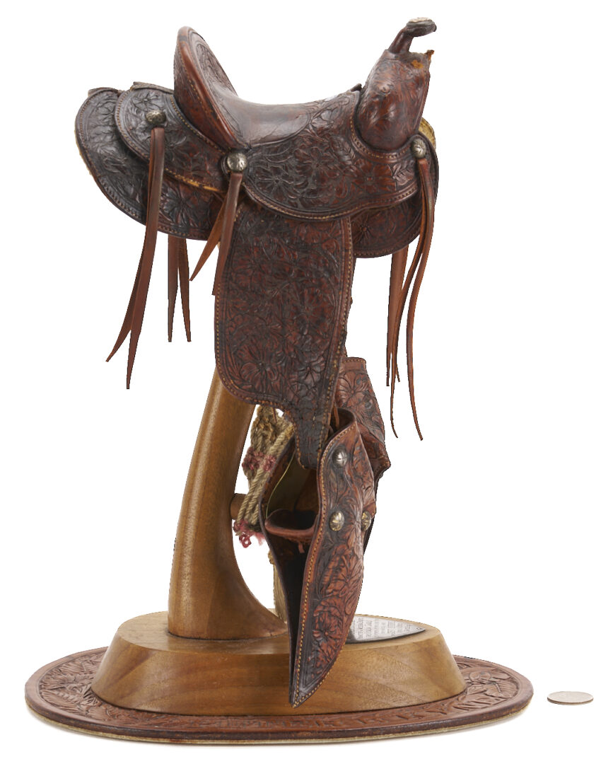 Lot 472: Visalia Quarter Scale Miniature Saddle on Stand, c. 1935