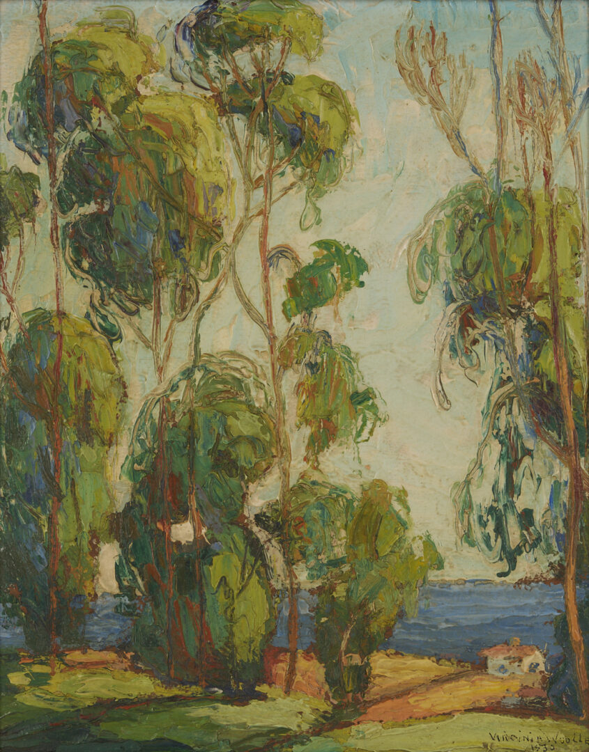 Lot 477: Virginia Woolley O/B California Landscape Painting, Laguna Trees