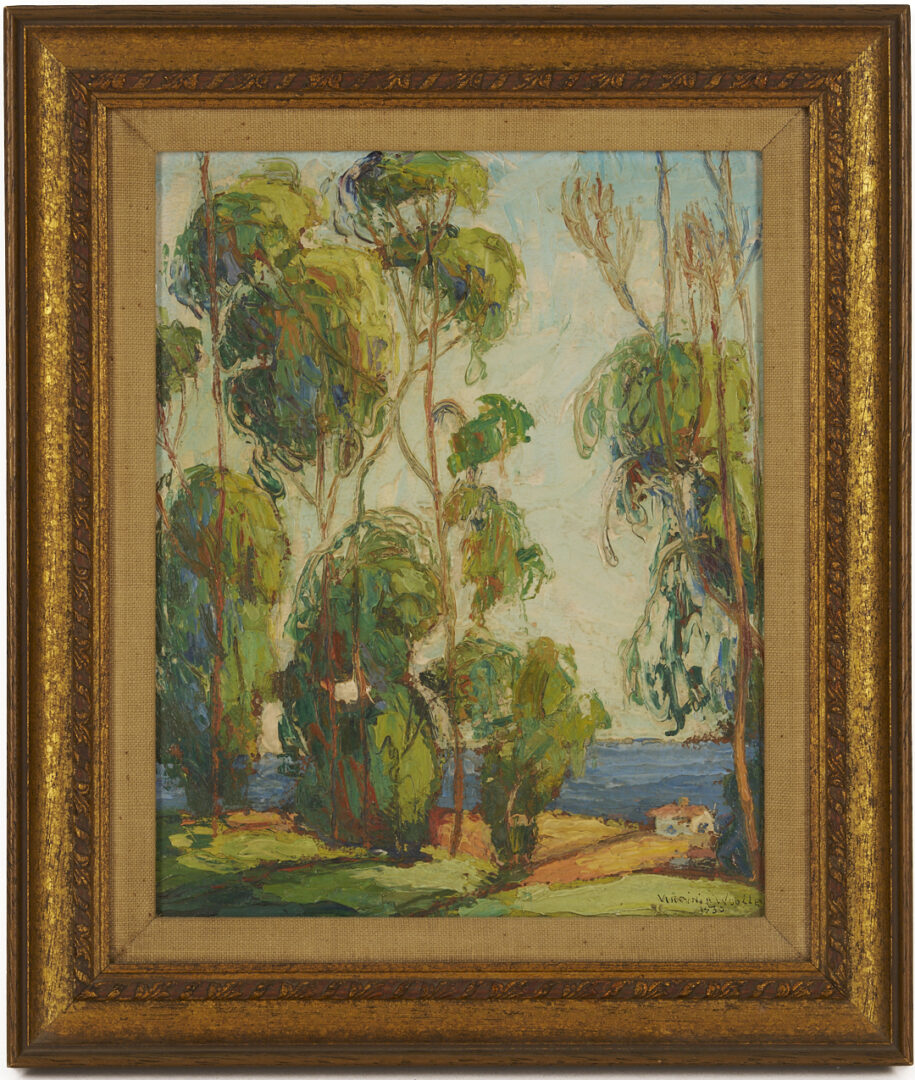 Lot 477: Virginia Woolley O/B California Landscape Painting, Laguna Trees