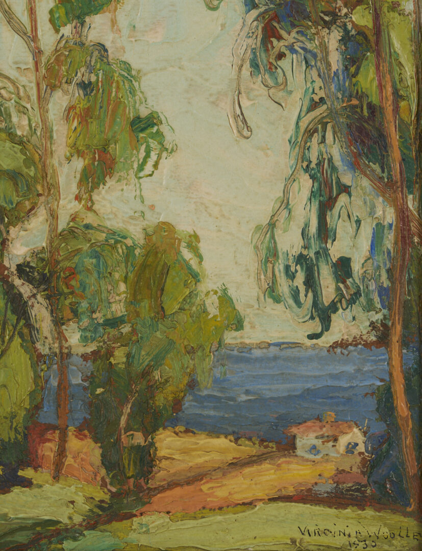 Lot 477: Virginia Woolley O/B California Landscape Painting, Laguna Trees