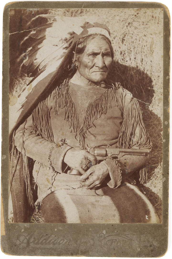 Lot 482: American Indian Cabinet Card, Geronimo w/ Dance Revolver, W.E. Irwin, Plus Postcard