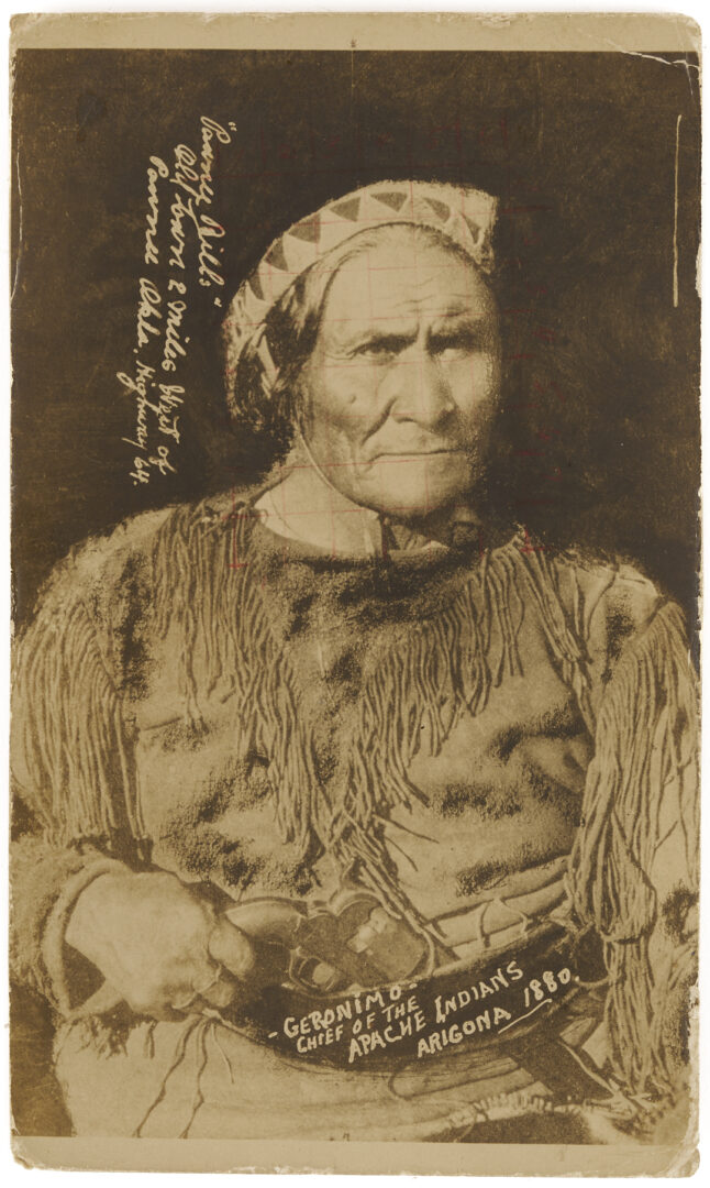 Lot 482: American Indian Cabinet Card, Geronimo w/ Dance Revolver, W.E. Irwin, Plus Postcard