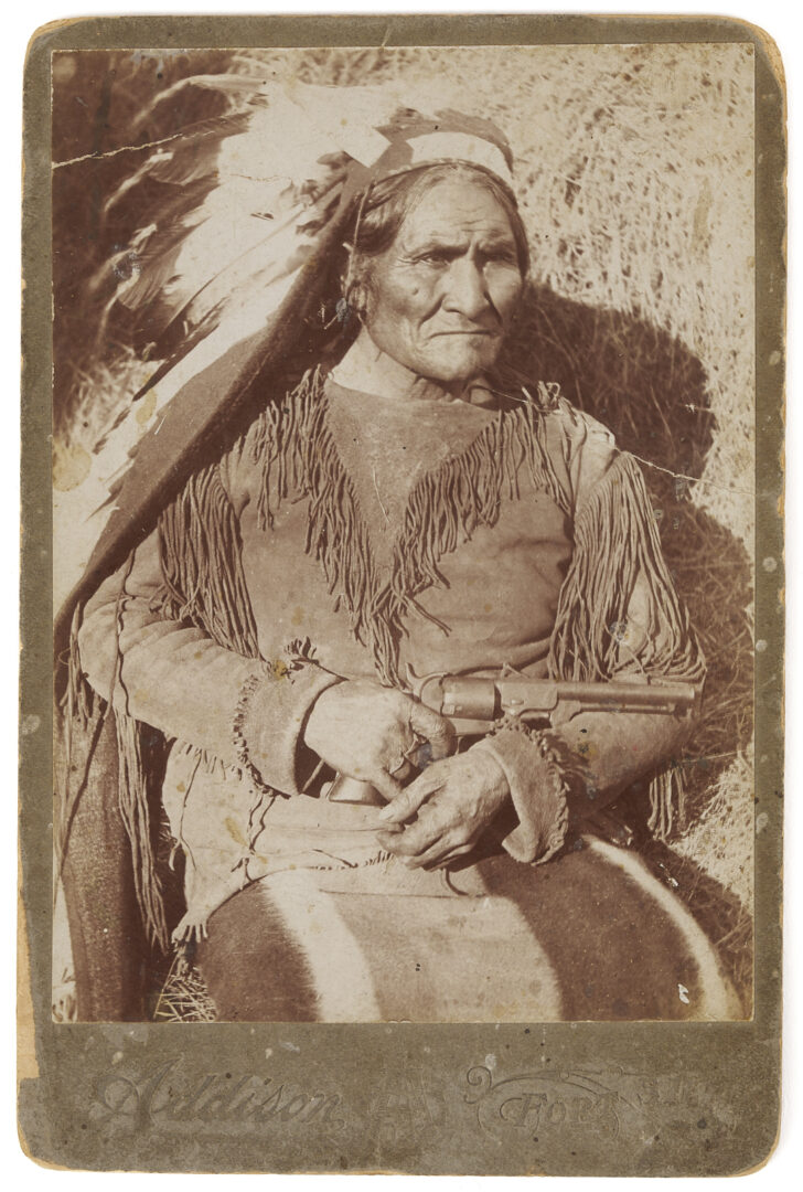 Lot 482: American Indian Cabinet Card, Geronimo w/ Dance Revolver, W.E. Irwin, Plus Postcard