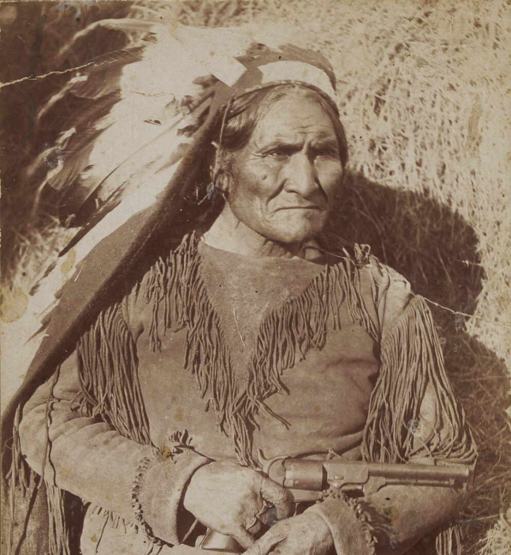 Lot 482: American Indian Cabinet Card, Geronimo w/ Dance Revolver, W.E. Irwin, Plus Postcard