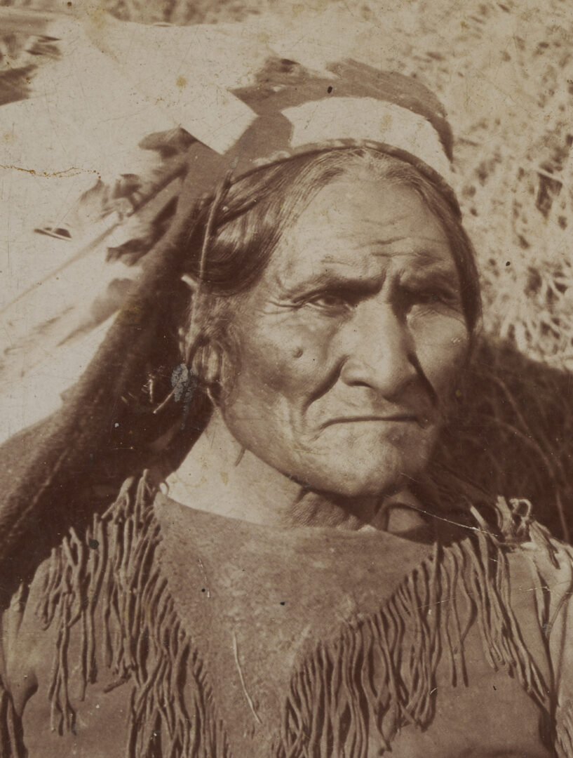 Lot 482: American Indian Cabinet Card, Geronimo w/ Dance Revolver, W.E. Irwin, Plus Postcard