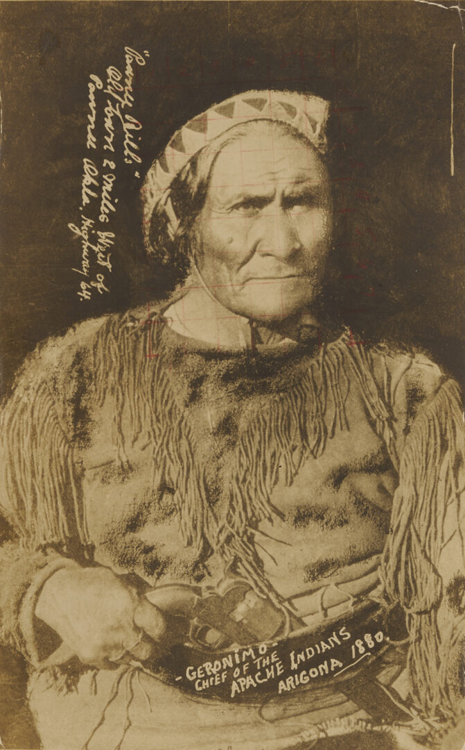Lot 482: American Indian Cabinet Card, Geronimo w/ Dance Revolver, W.E. Irwin, Plus Postcard