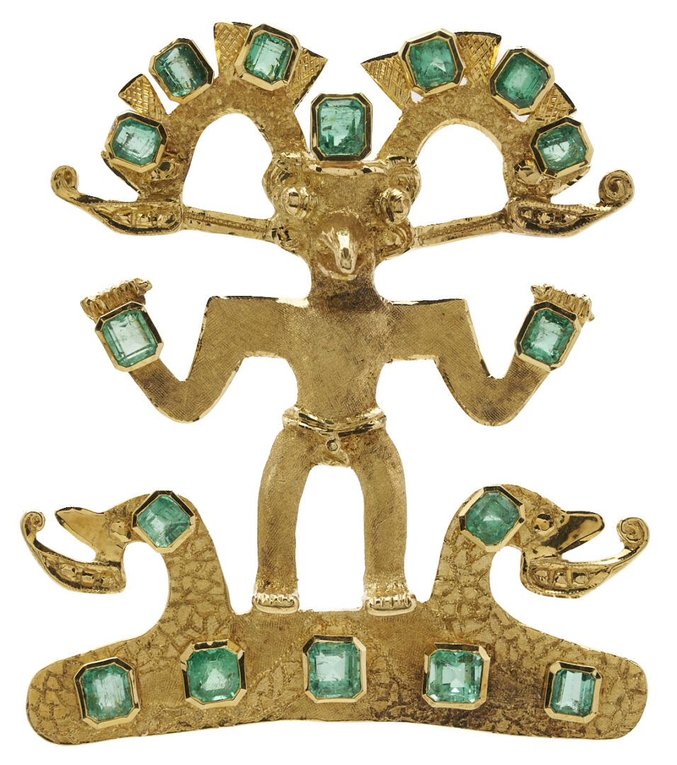Lot 49: 18K Columbian Emerald and Gold Aztec Style Native Pendant