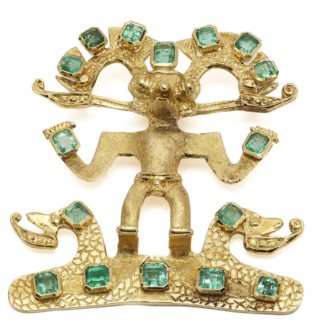 Lot 49: 18K Columbian Emerald and Gold Aztec Style Native Pendant