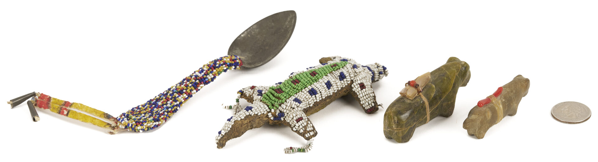Lot 501: 3 Native American Fetishes & 1 Beaded Spoon