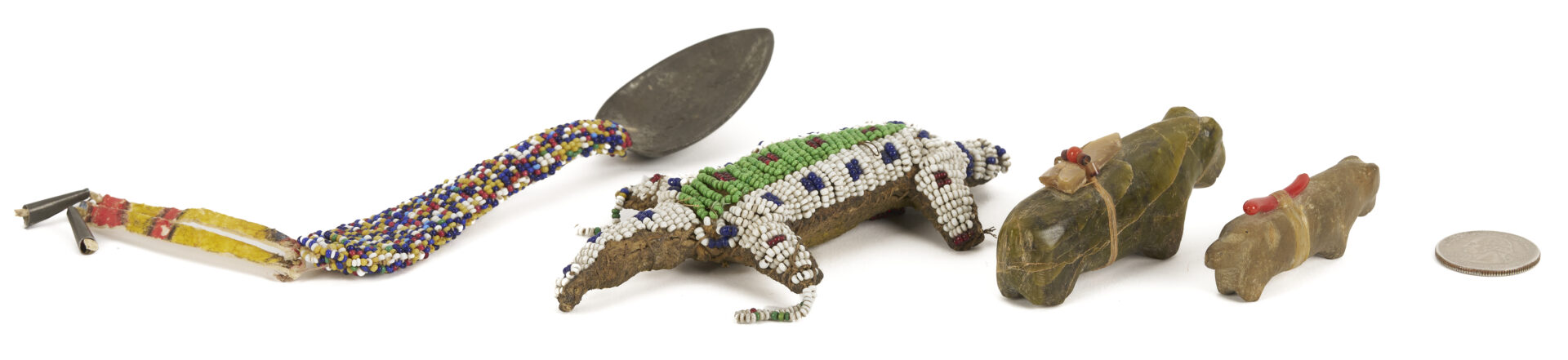 Lot 501: 3 Native American Fetishes & 1 Beaded Spoon