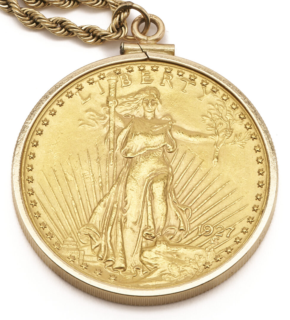 Lot 50: 1927 St. Gaudens $20 Double Eagle Gold Coin in 14K Gold Bezel & 14K Chain