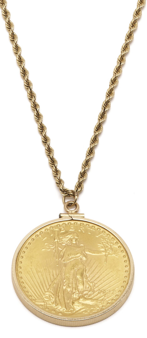 Lot 50: 1927 St. Gaudens $20 Double Eagle Gold Coin in 14K Gold Bezel & 14K Chain