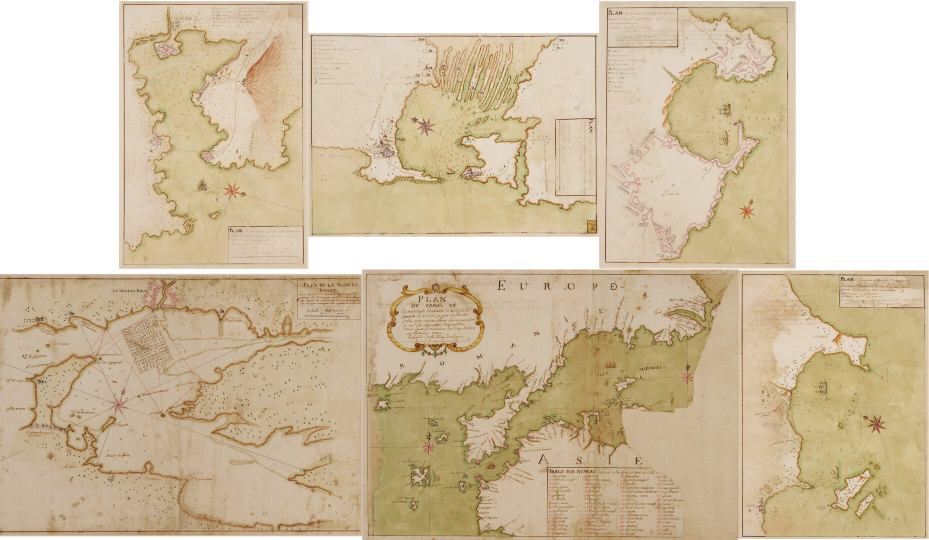 Lot 513: 6 French Handpainted W/C Nautical Map Anchorage Charts