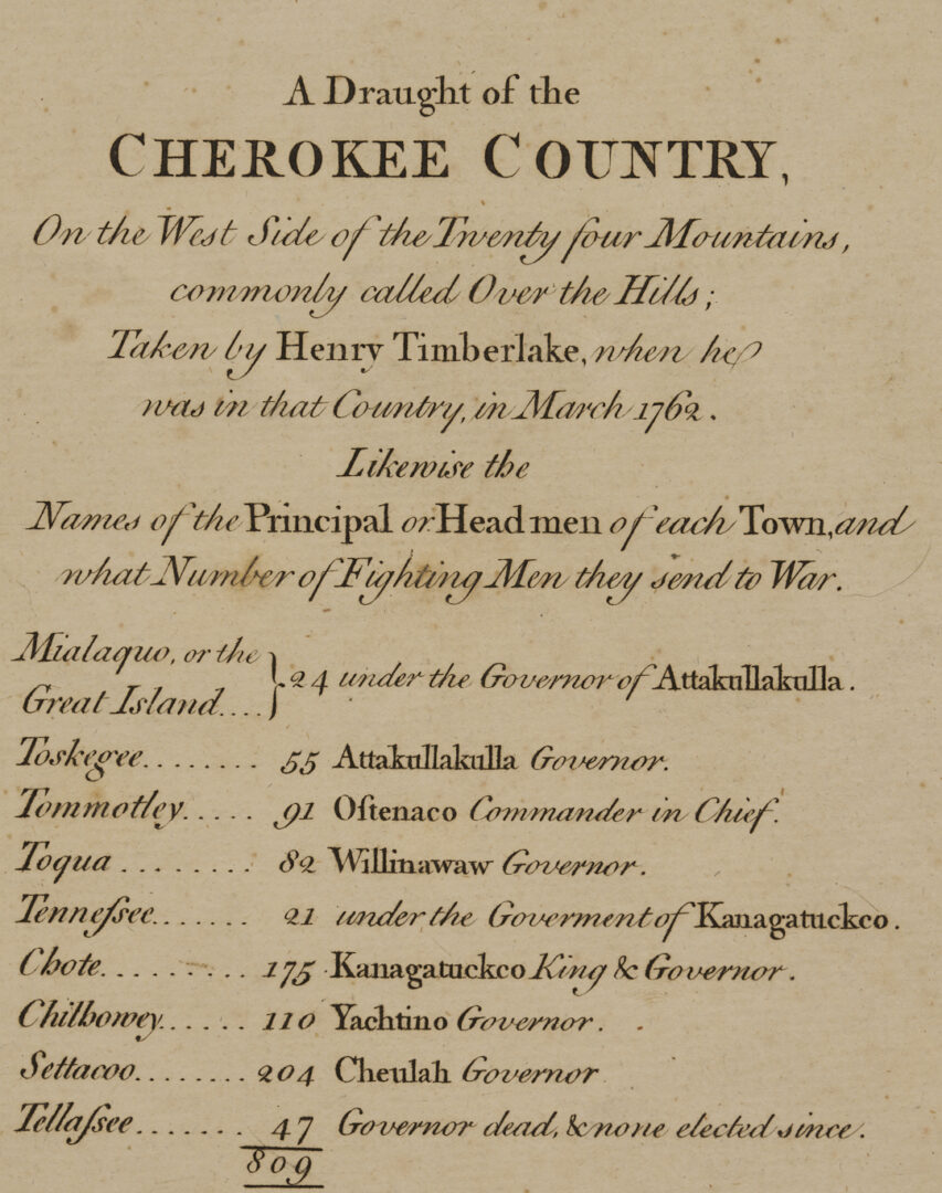 Lot 514: H. Timberlake 18th C. East TN Map, Cherokee Country