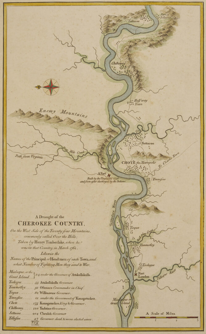 Lot 514: H. Timberlake 18th C. East TN Map, Cherokee Country