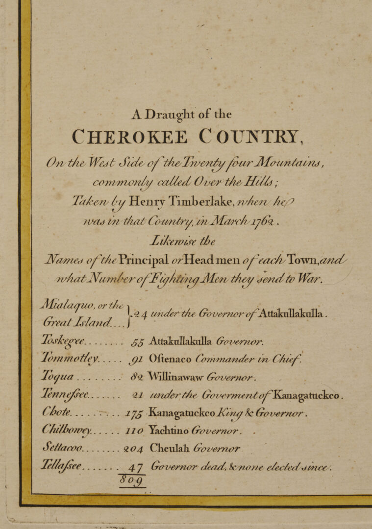 Lot 514: H. Timberlake 18th C. East TN Map, Cherokee Country