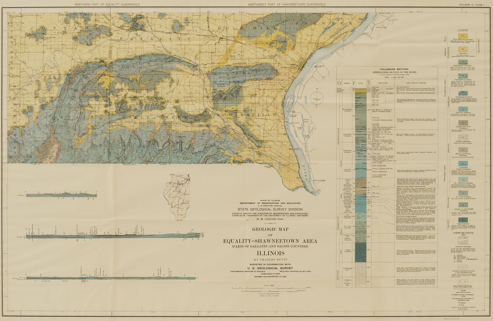 Lot 517: 2 Geological Maps: Landforms of the US c. 1939 & Shawneetown IL c. 1928