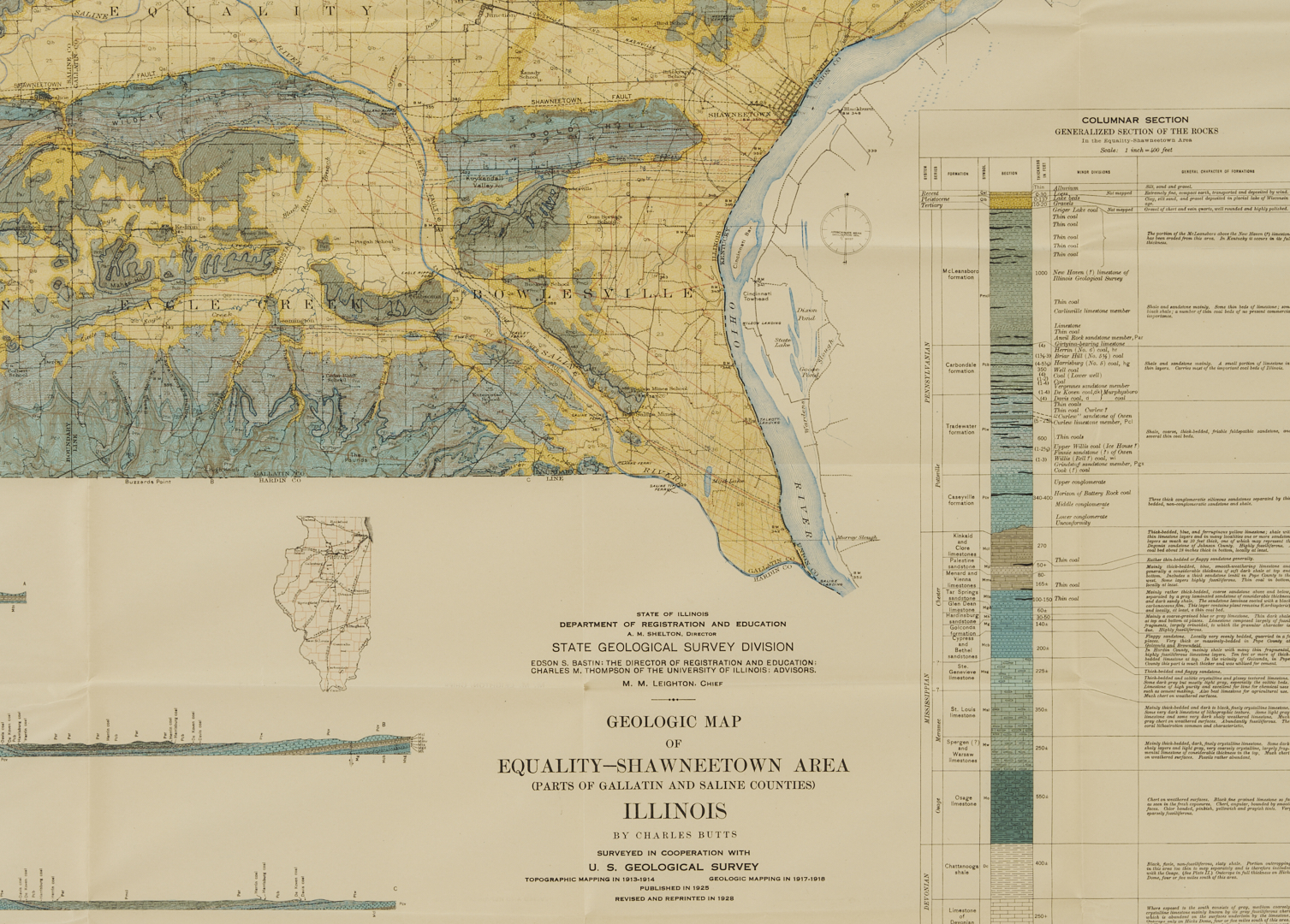 Lot 517: 2 Geological Maps: Landforms of the US c. 1939 & Shawneetown IL c. 1928