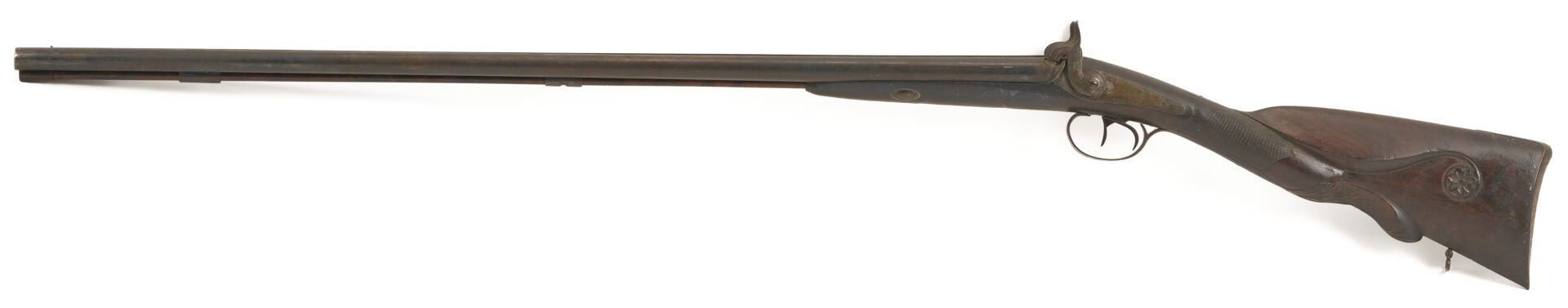 Lot 527: 19th C. Double Barrel Percussion Shotgun w/ Carved Stock