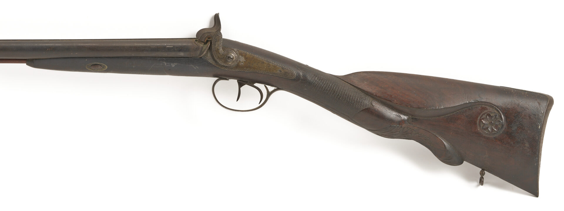 Lot 527: 19th C. Double Barrel Percussion Shotgun w/ Carved Stock