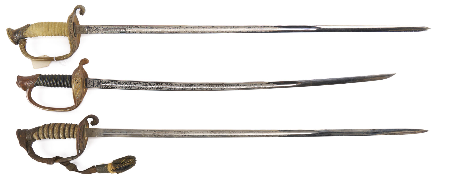 Lot 528: 5 American Swords, incl. Eagle Head, Starr Saber, 3 Post Civil War Swords (USMC) incl. scabbards
