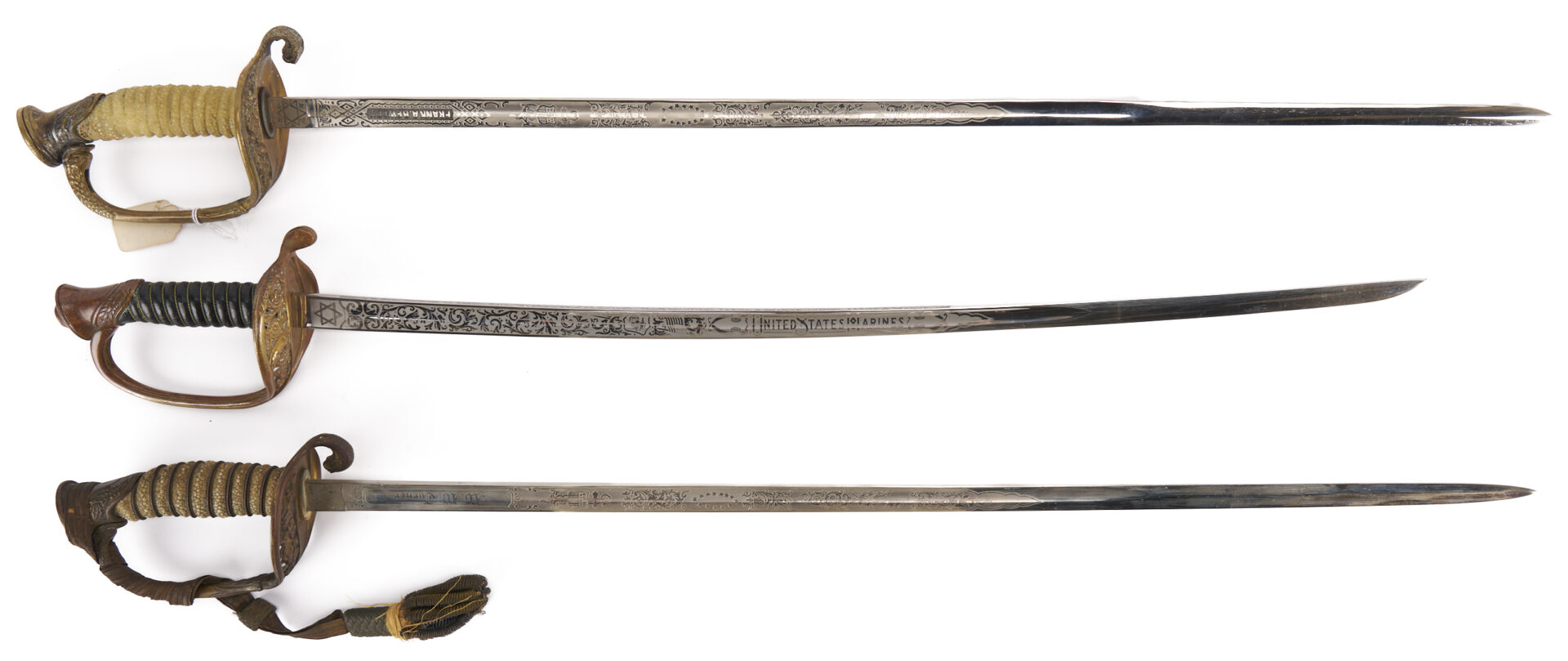 Lot 528: 5 American Swords, incl. Eagle Head, Starr Saber, 3 Post Civil War Swords (USMC) incl. scabbards