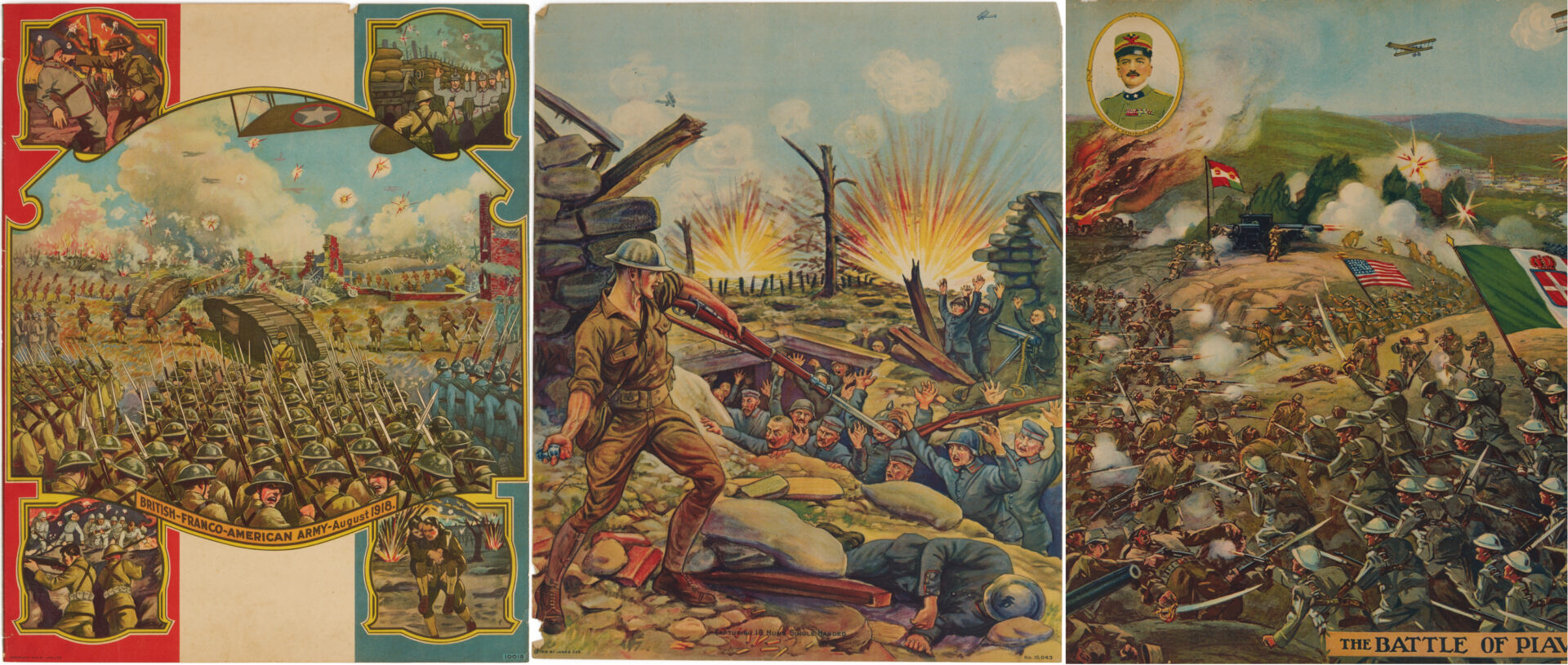 Lot 532: Three WW1 Posters; British Franco American Army, 18 Huns, Battle of Piave