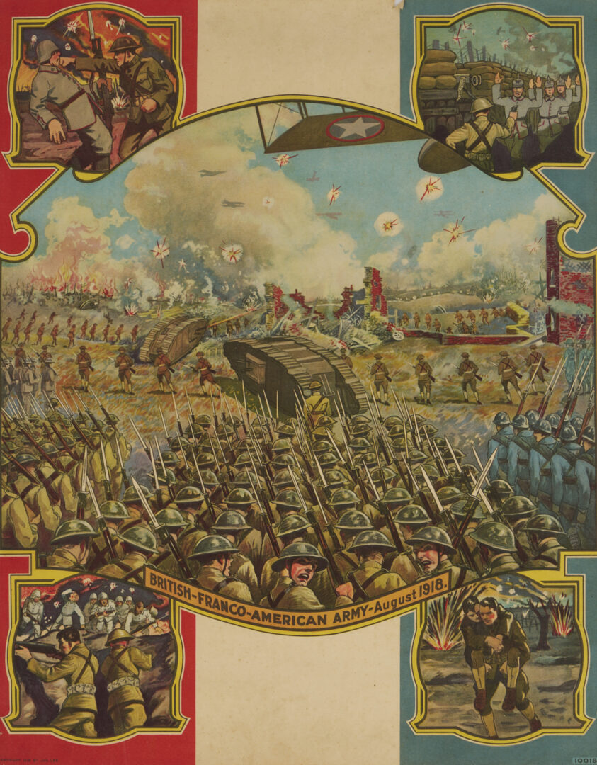 Lot 532: Three WW1 Posters; British Franco American Army, 18 Huns, Battle of Piave
