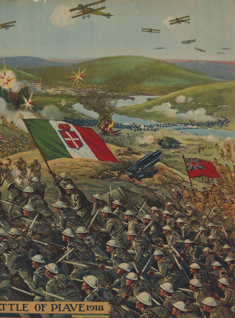 Lot 532: Three WW1 Posters; British Franco American Army, 18 Huns, Battle of Piave