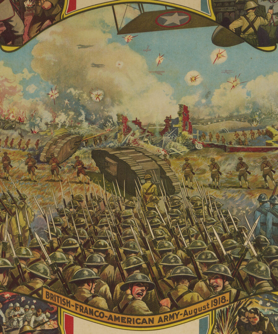 Lot 532: Three WW1 Posters; British Franco American Army, 18 Huns, Battle of Piave