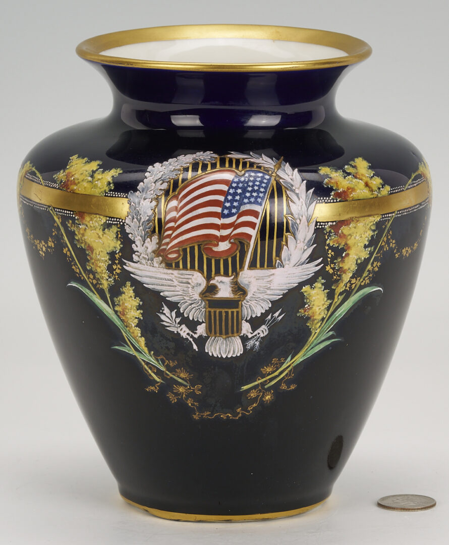 Lot 533: WWI Buffalo Pottery Vase w/ Patriotic Insignia