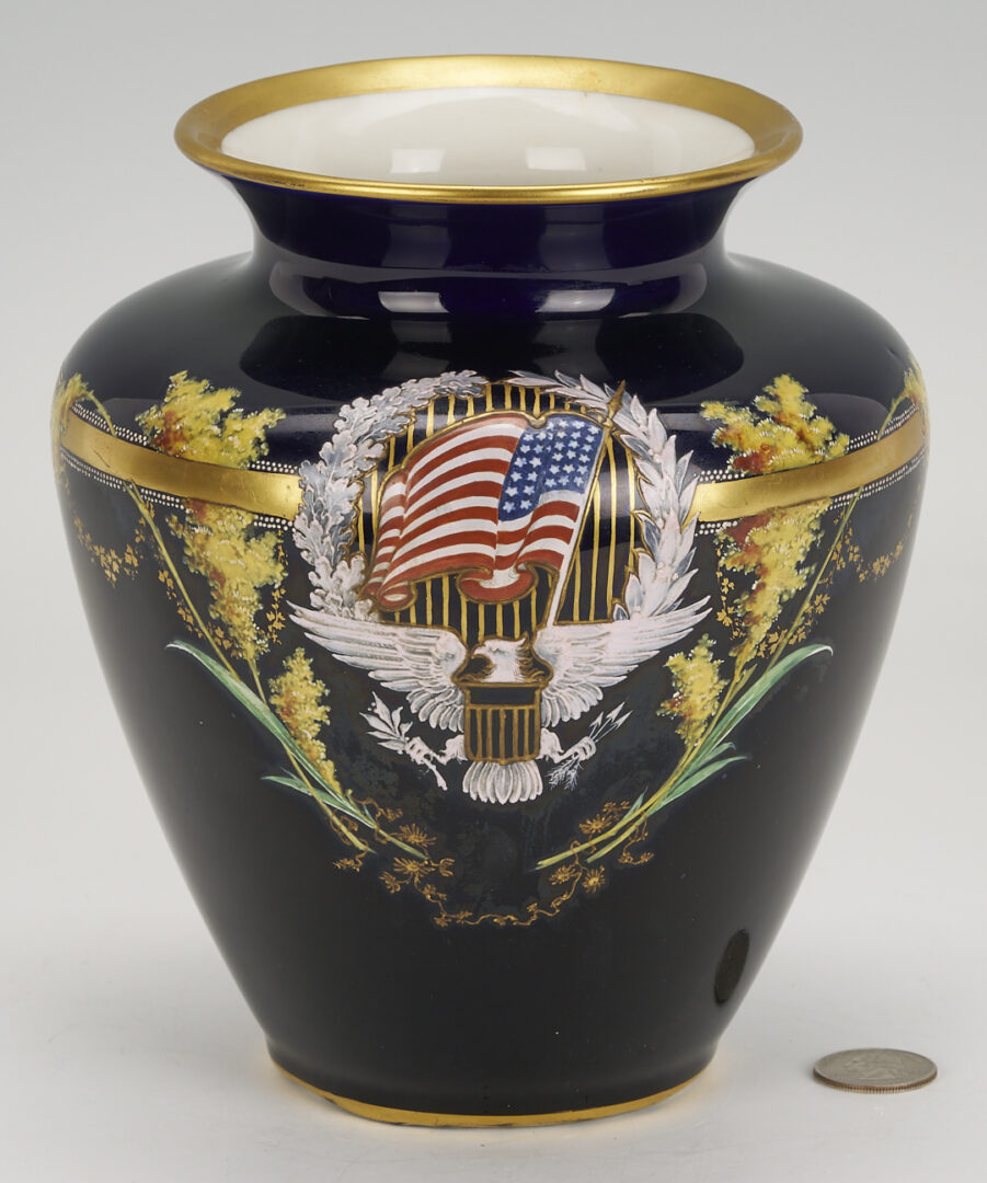 Lot 533: WWI Buffalo Pottery Vase w/ Patriotic Insignia