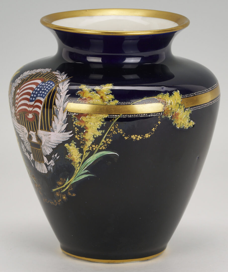 Lot 533: WWI Buffalo Pottery Vase w/ Patriotic Insignia