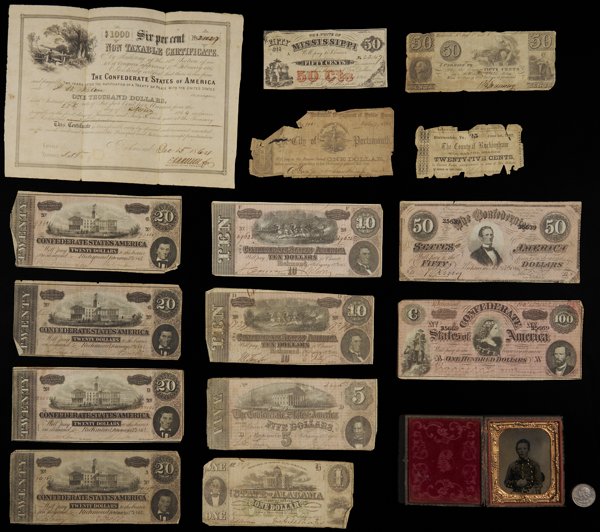 Lot 540: Civil War Tintype plus 10 pcs. CSA Currency & 5 Additional Bills