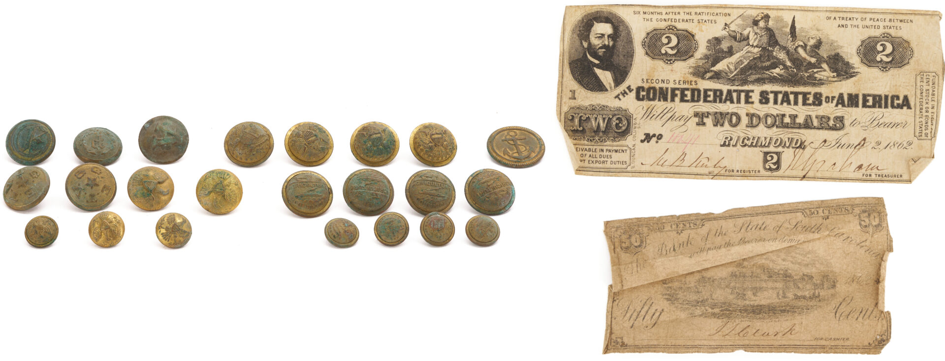 Lot 541: 23 Military Buttons, incl. Confederate; plus 2 CSA Paper Currency Items