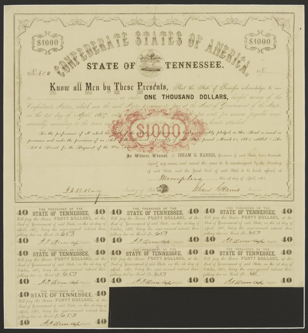 Lot 542: Isham Harris Confederate TN Governor Signed War Bond, 1862