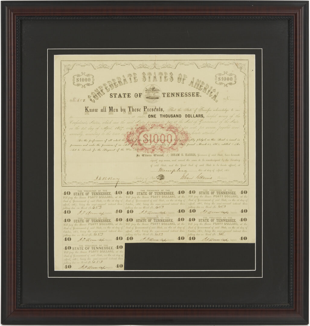Lot 542: Isham Harris Confederate TN Governor Signed War Bond, 1862