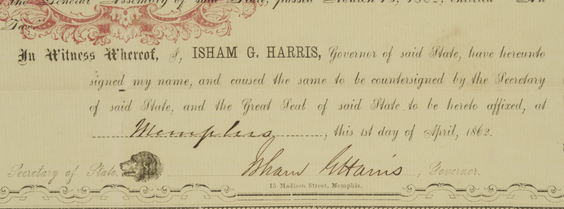 Lot 542: Isham Harris Confederate TN Governor Signed War Bond, 1862