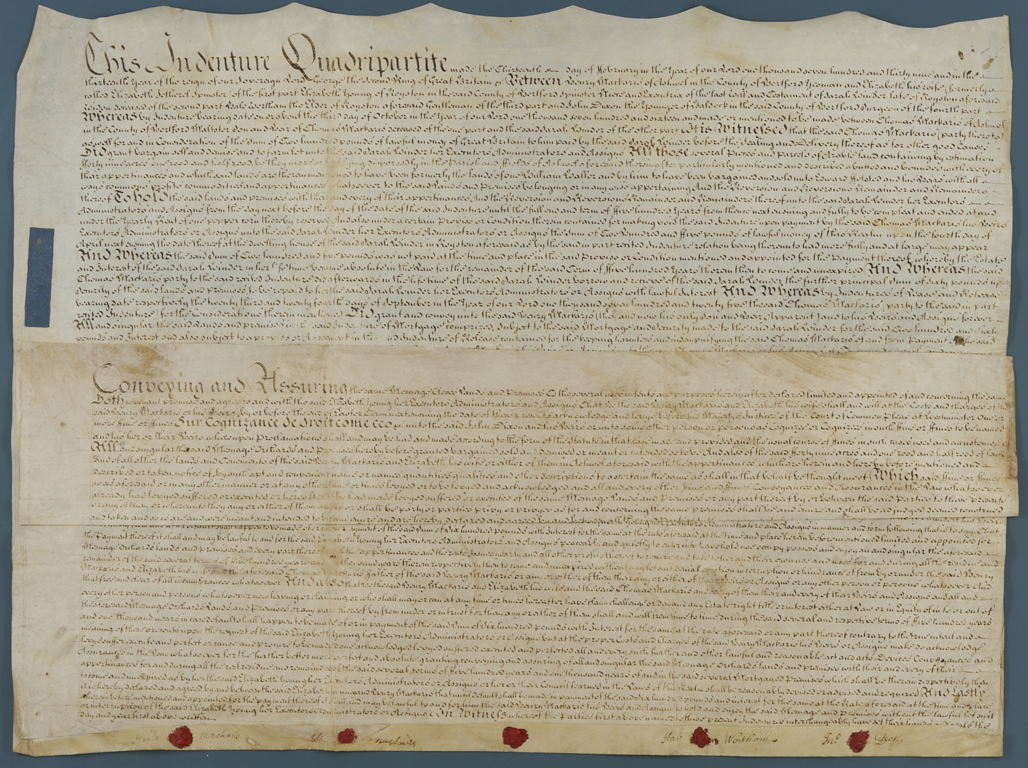 Lot 545: King George II-Era Stamped Indenture Quadripartite on Vellum, 1739