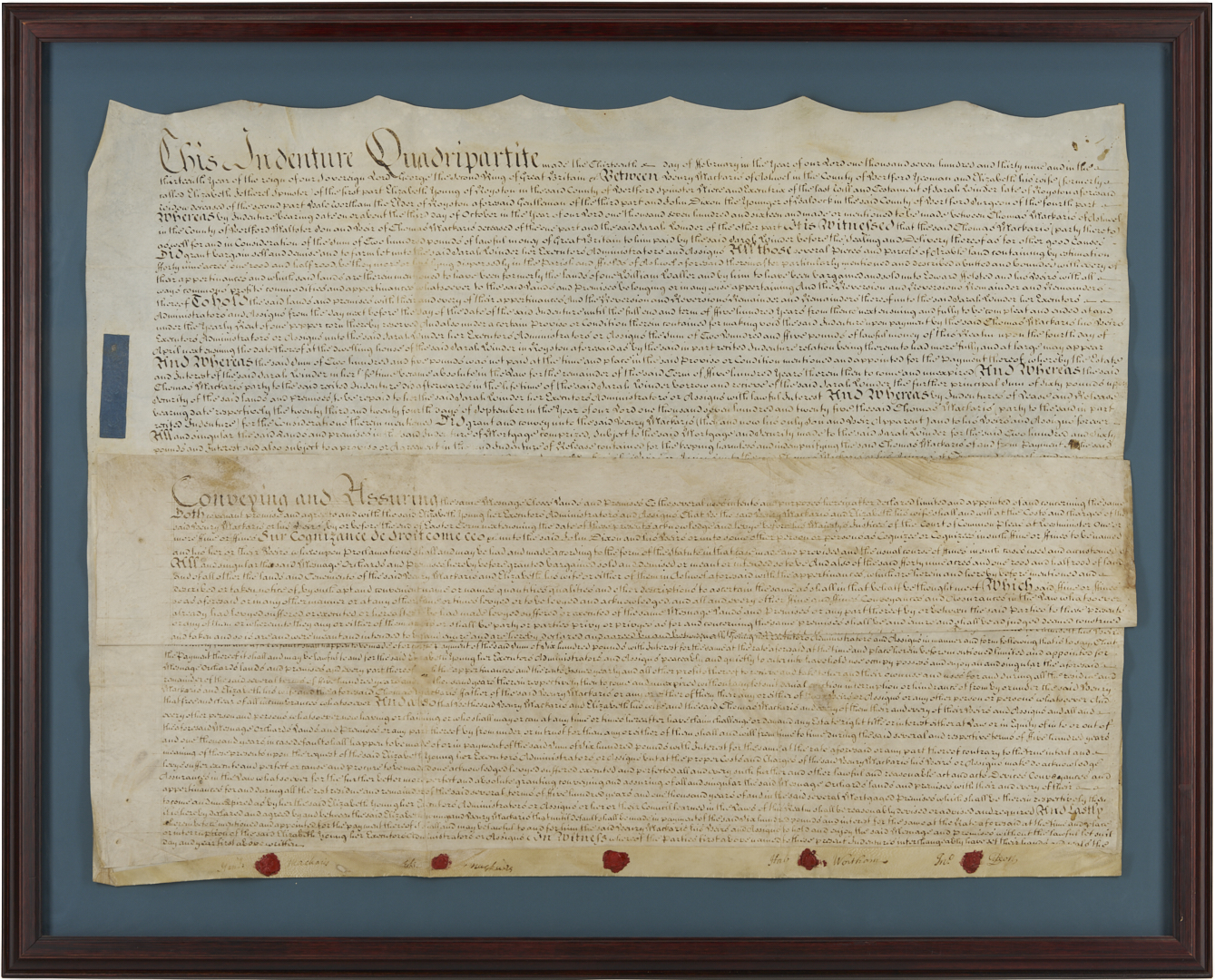 Lot 545: King George II-Era Stamped Indenture Quadripartite on Vellum, 1739