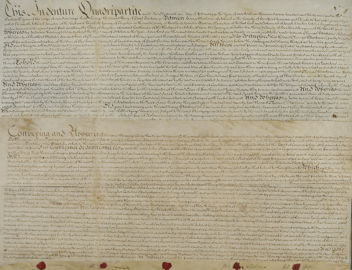 Lot 545: King George II-Era Stamped Indenture Quadripartite on Vellum, 1739