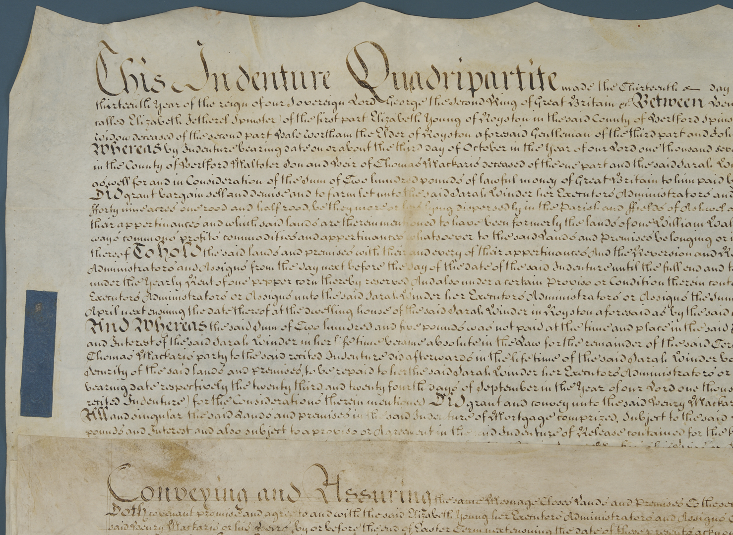 Lot 545: King George II-Era Stamped Indenture Quadripartite on Vellum, 1739