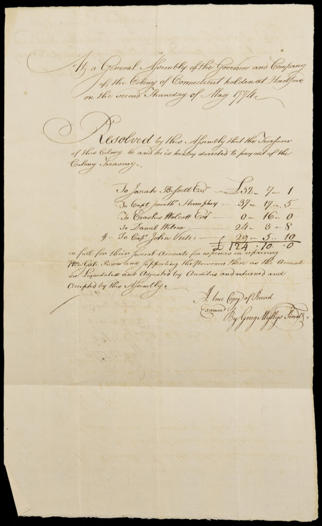 Lot 549: Connecticut Rev. War Archive with Autographs of Williams, Wolcott