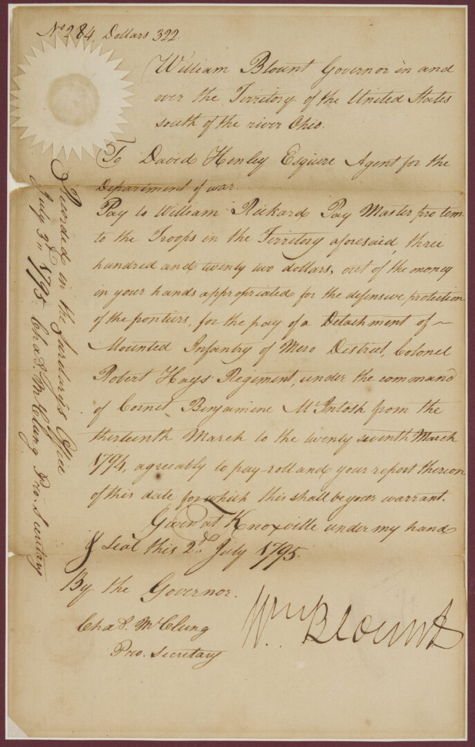 Lot 552: TN Territorial Governor William Blount Signed Document, 1795