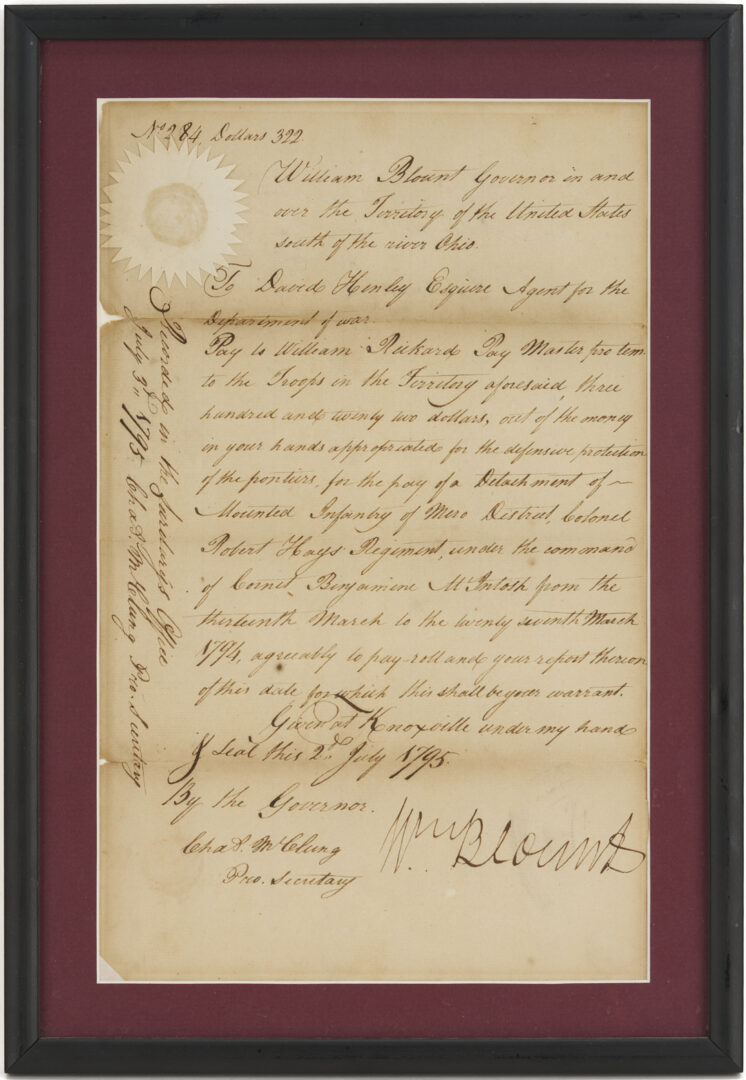 Lot 552: TN Territorial Governor William Blount Signed Document, 1795