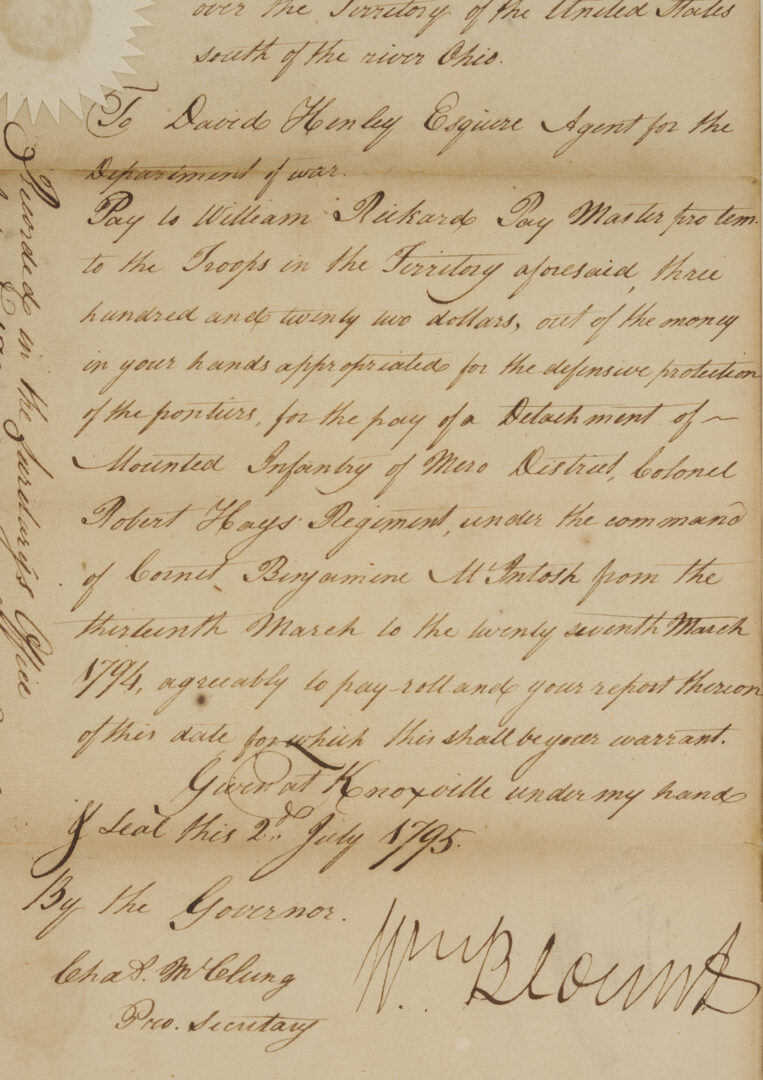 Lot 552: TN Territorial Governor William Blount Signed Document, 1795