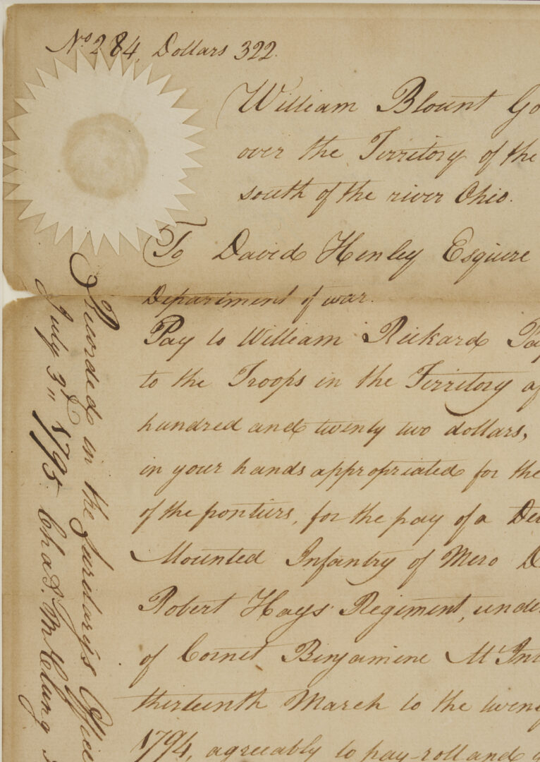 Lot 552: TN Territorial Governor William Blount Signed Document, 1795