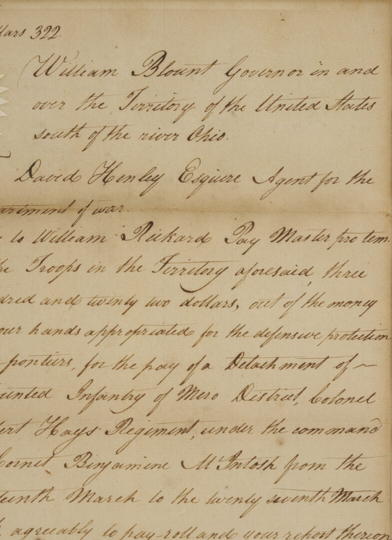 Lot 552: TN Territorial Governor William Blount Signed Document, 1795