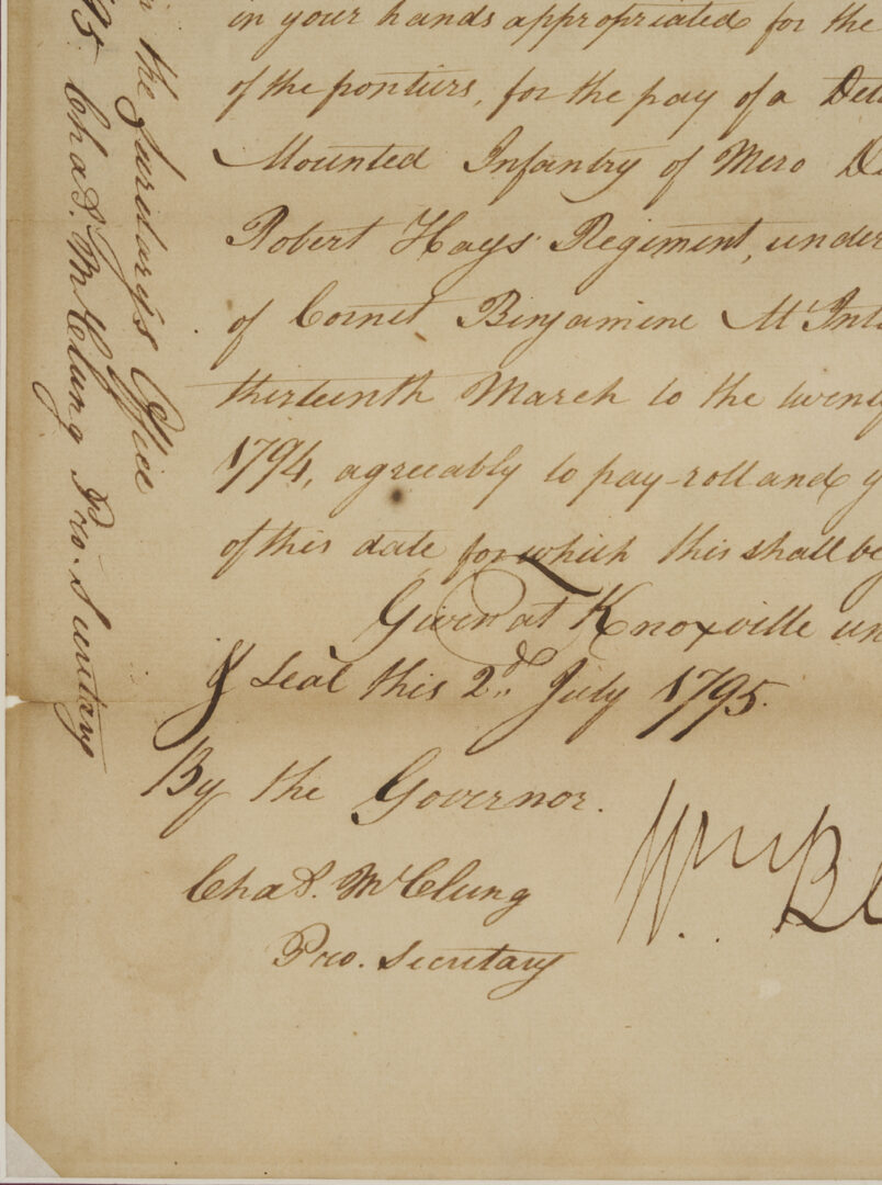 Lot 552: TN Territorial Governor William Blount Signed Document, 1795