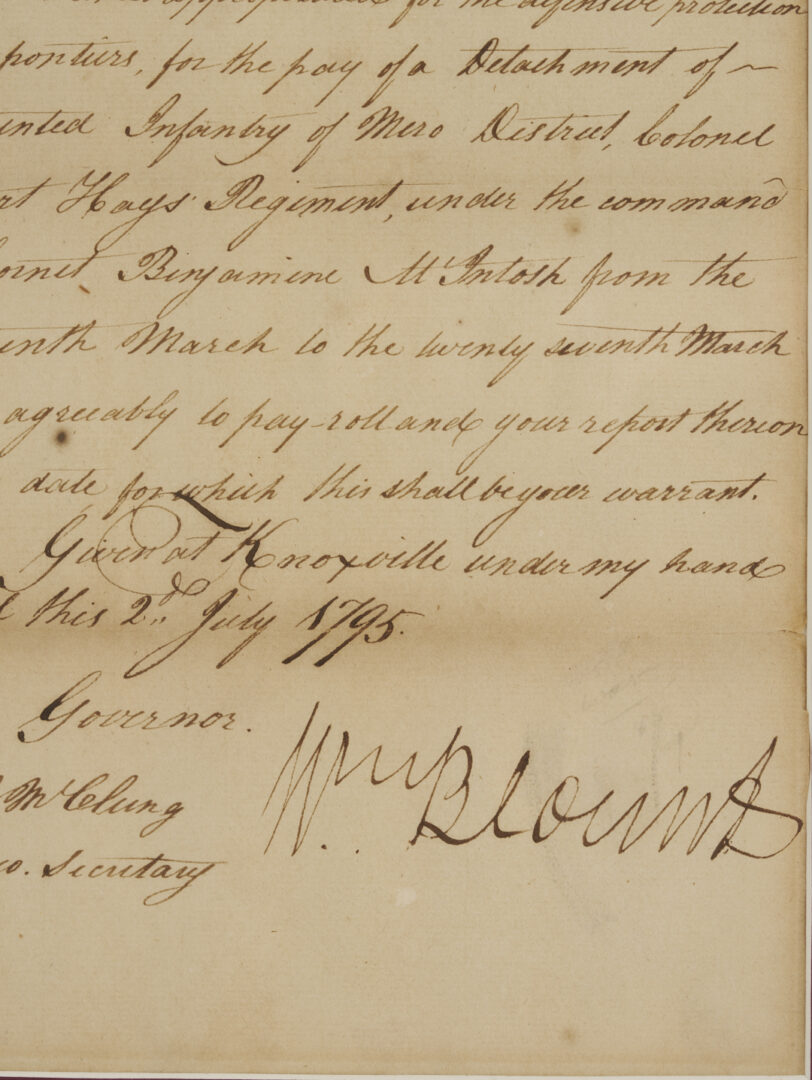 Lot 552: TN Territorial Governor William Blount Signed Document, 1795